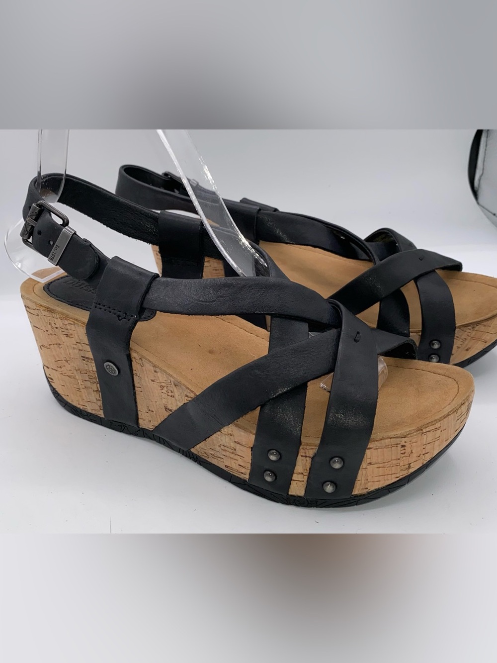 bussola Black Leather Cork Wedge Sandals